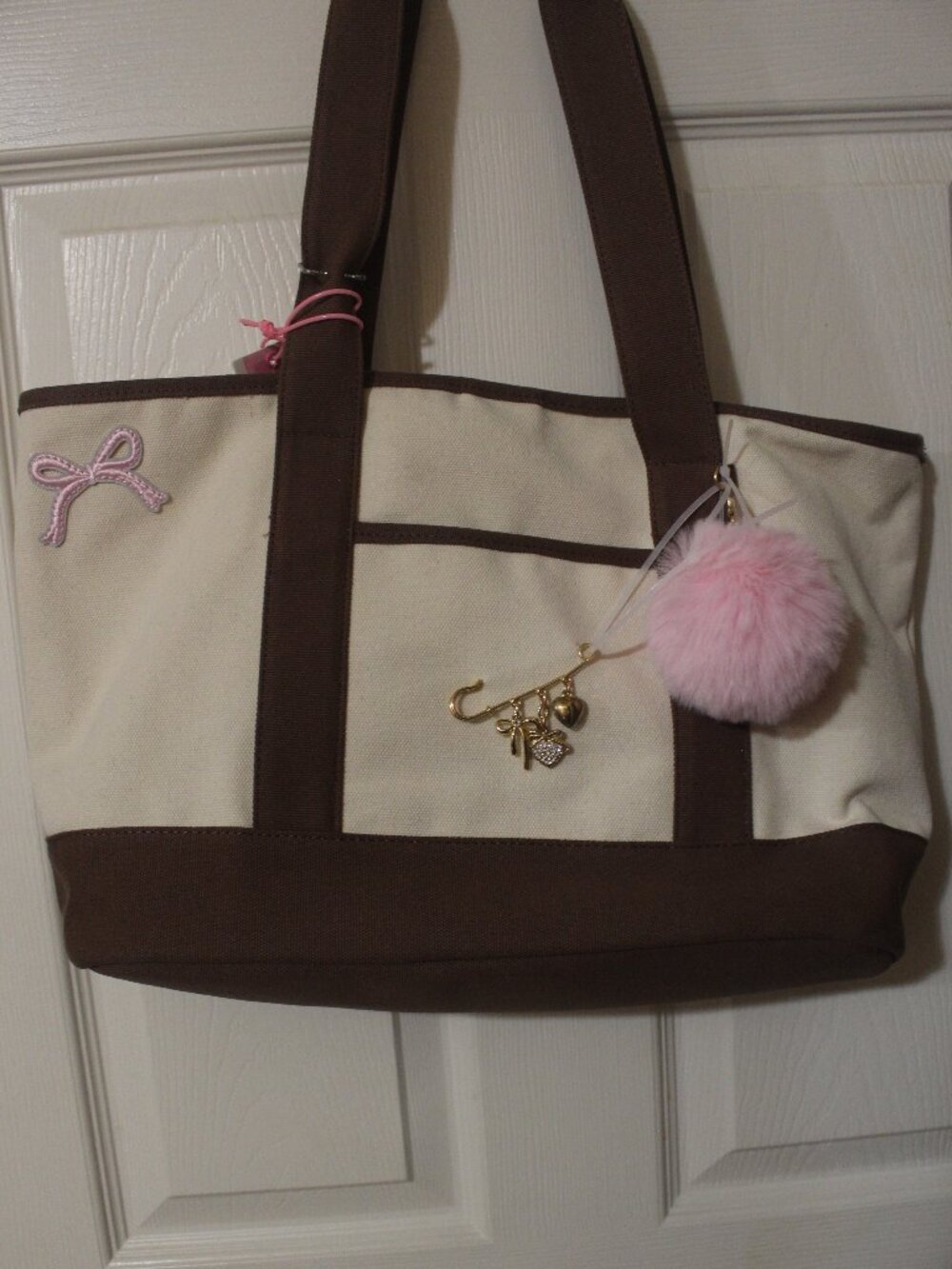 Like Dreams Cream & Brown Canvas Tote with Pink Bow and Pom Charm